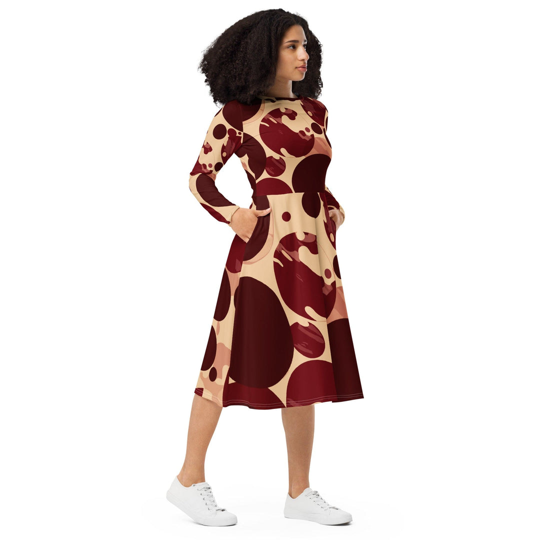 Womens Long Sleeve Midi Dress Burgundy Beige Circular Print - Womens | Dresses