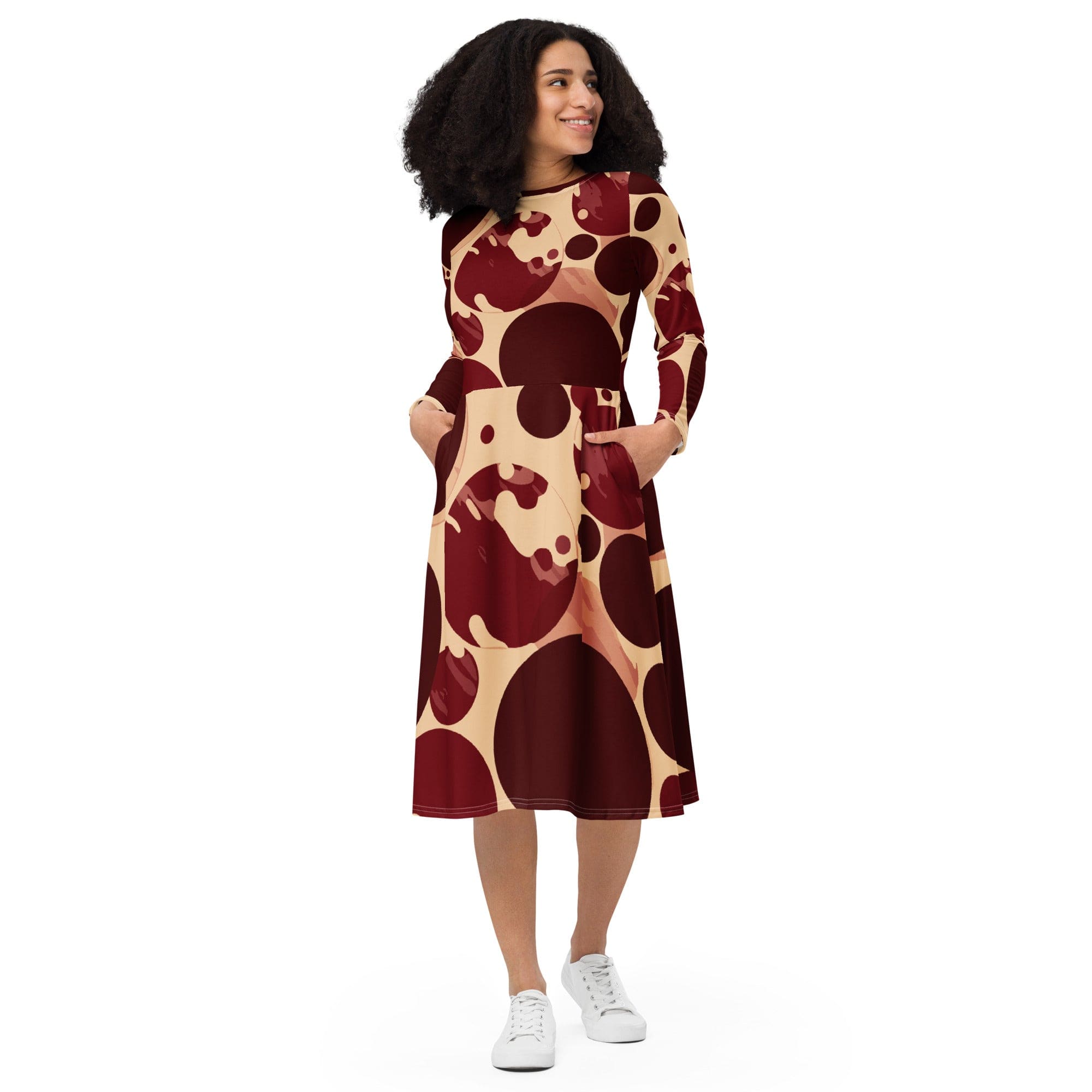 Womens Long Sleeve Midi Dress - Burgundy Beige Circular Print – inQue.Style
