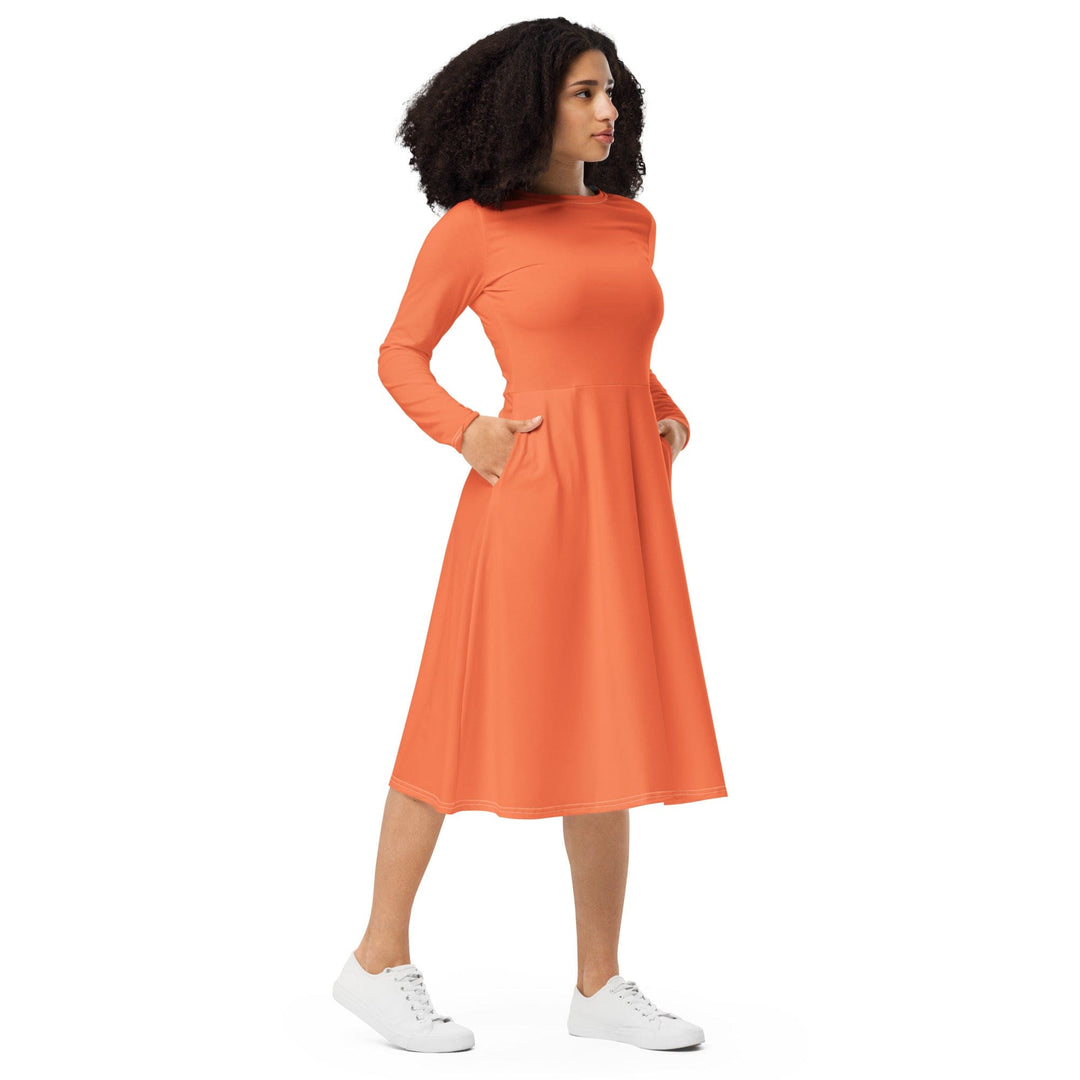 Womens Long Sleeve Midi Dress Coral Orange Red - Womens | Dresses | MIDI | AOP