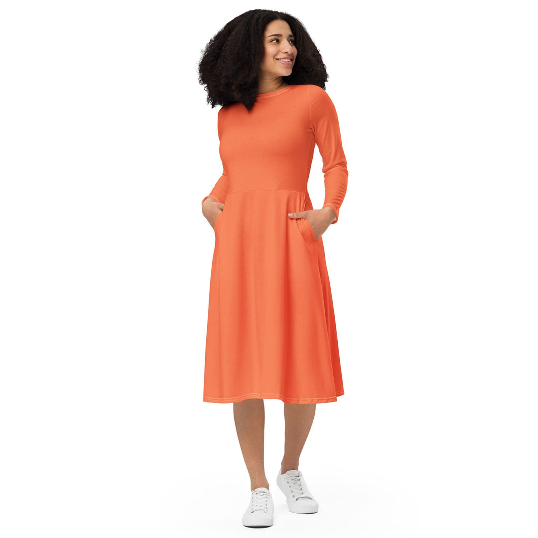 Womens Long Sleeve Midi Dress Coral Orange Red - Womens | Dresses | MIDI | AOP