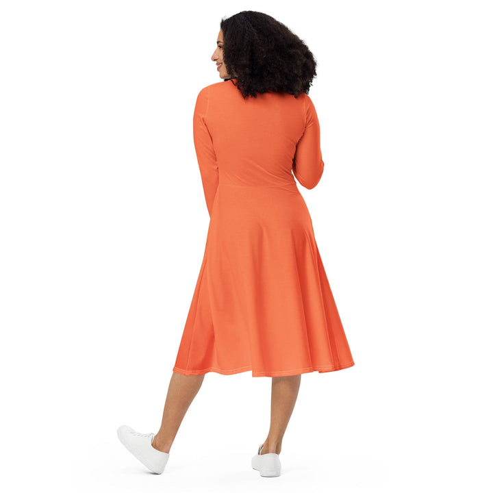 Womens Long Sleeve Midi Dress Coral Orange Red - Womens | Dresses | MIDI | AOP