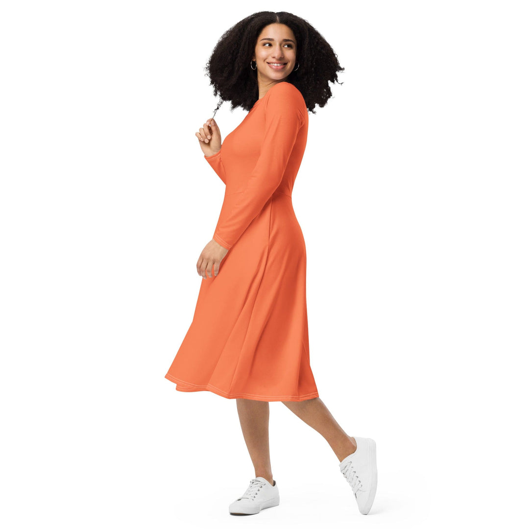 Womens Long Sleeve Midi Dress Coral Orange Red - Womens | Dresses | MIDI | AOP