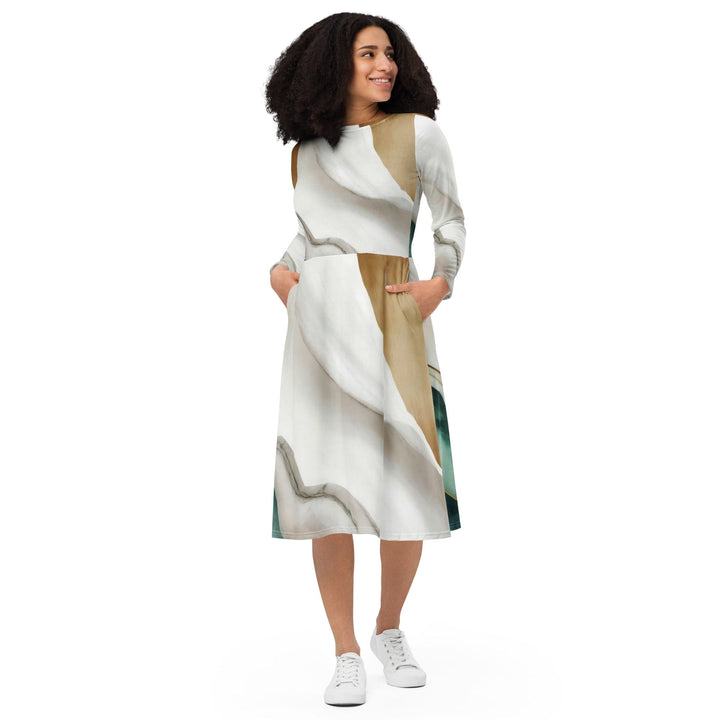 Womens Long Sleeve Midi Dress - Cream White Green Marbled Print