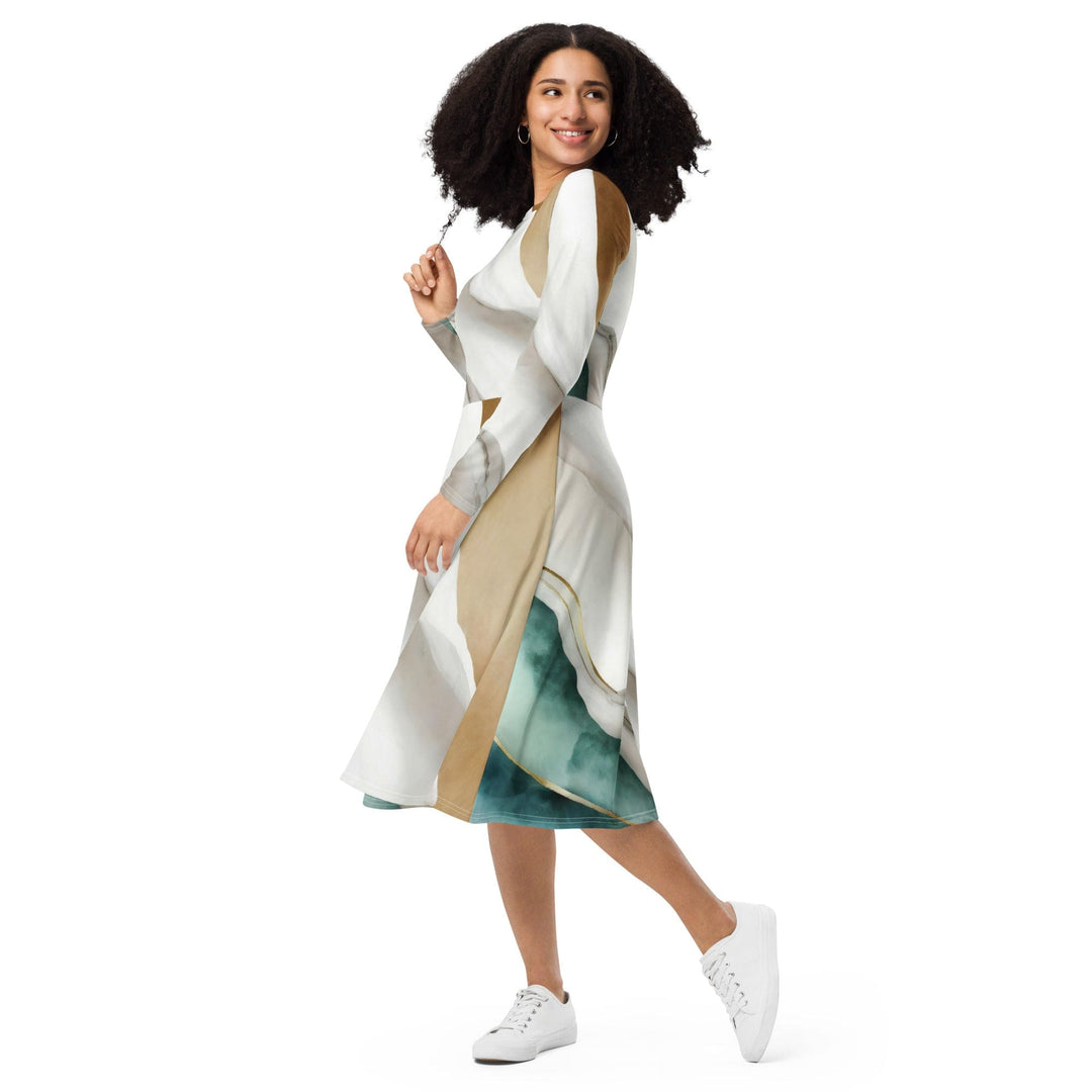 Womens Long Sleeve Midi Dress - Cream White Green Marbled Print