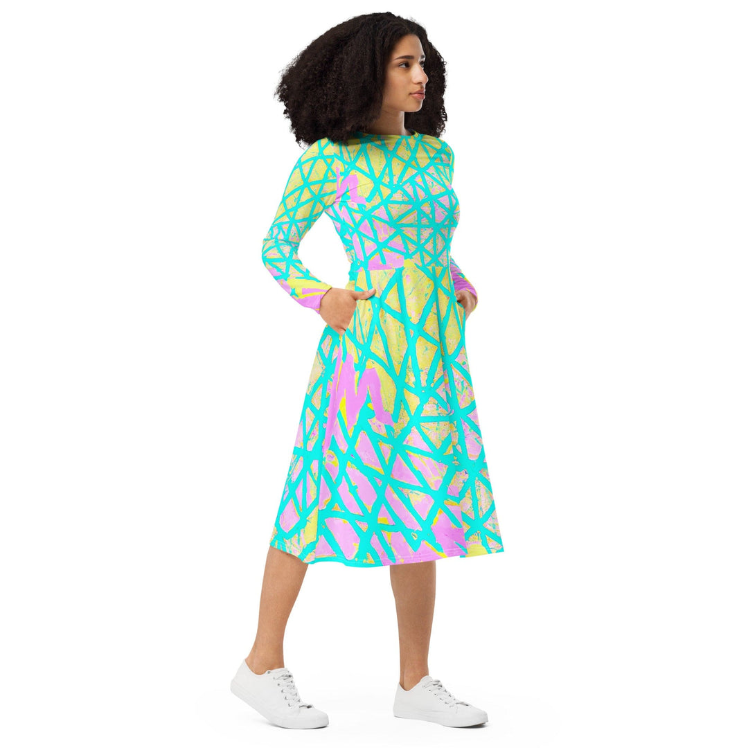 Womens Long Sleeve Midi Dress Cyan Blue Lime Green and Pink Pattern - Womens