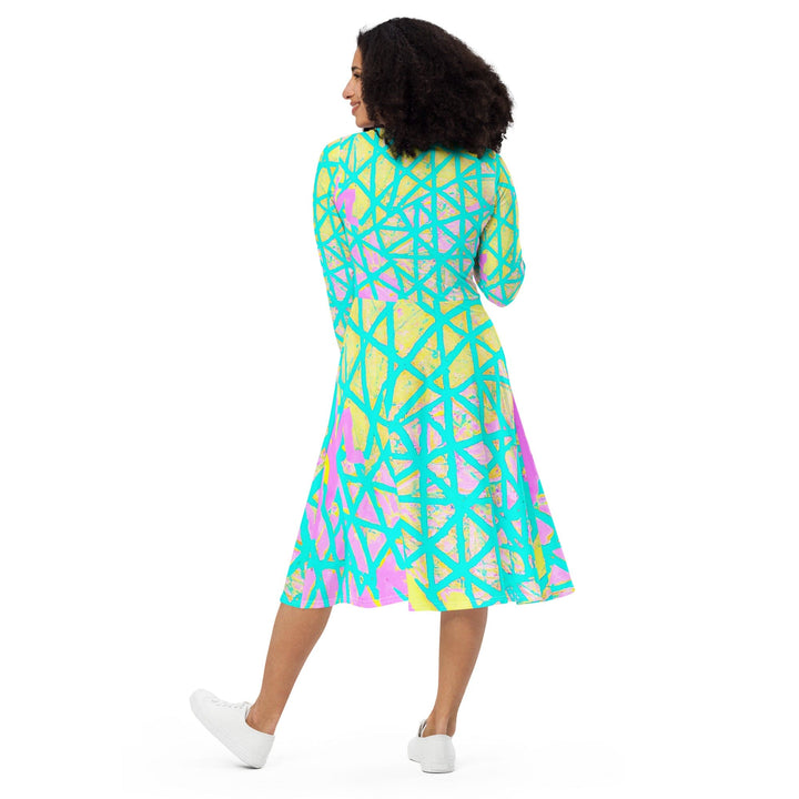 Womens Long Sleeve Midi Dress Cyan Blue Lime Green and Pink Pattern - Womens