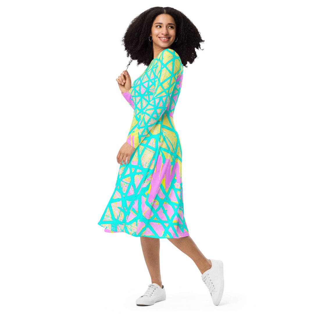 Womens Long Sleeve Midi Dress Cyan Blue Lime Green and Pink Pattern - Womens