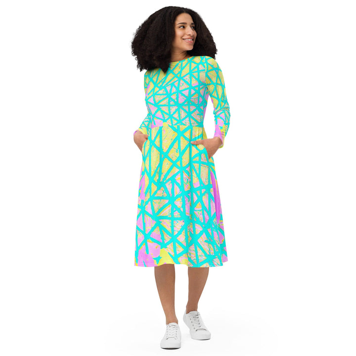 Womens Long Sleeve Midi Dress Cyan Blue Lime Green and Pink Pattern - Womens