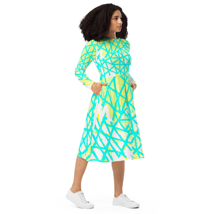 Womens Long Sleeve Midi Dress Cyan Blue Lime Green and White Pattern - Womens