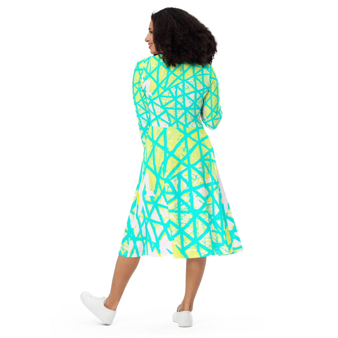 Womens Long Sleeve Midi Dress Cyan Blue Lime Green and White Pattern - Womens