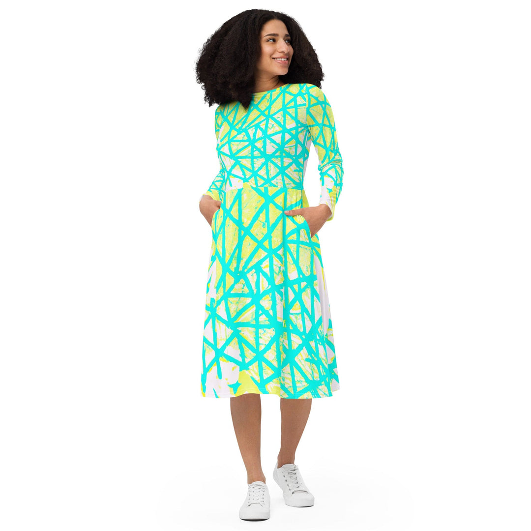 Womens Long Sleeve Midi Dress Cyan Blue Lime Green and White Pattern - Womens