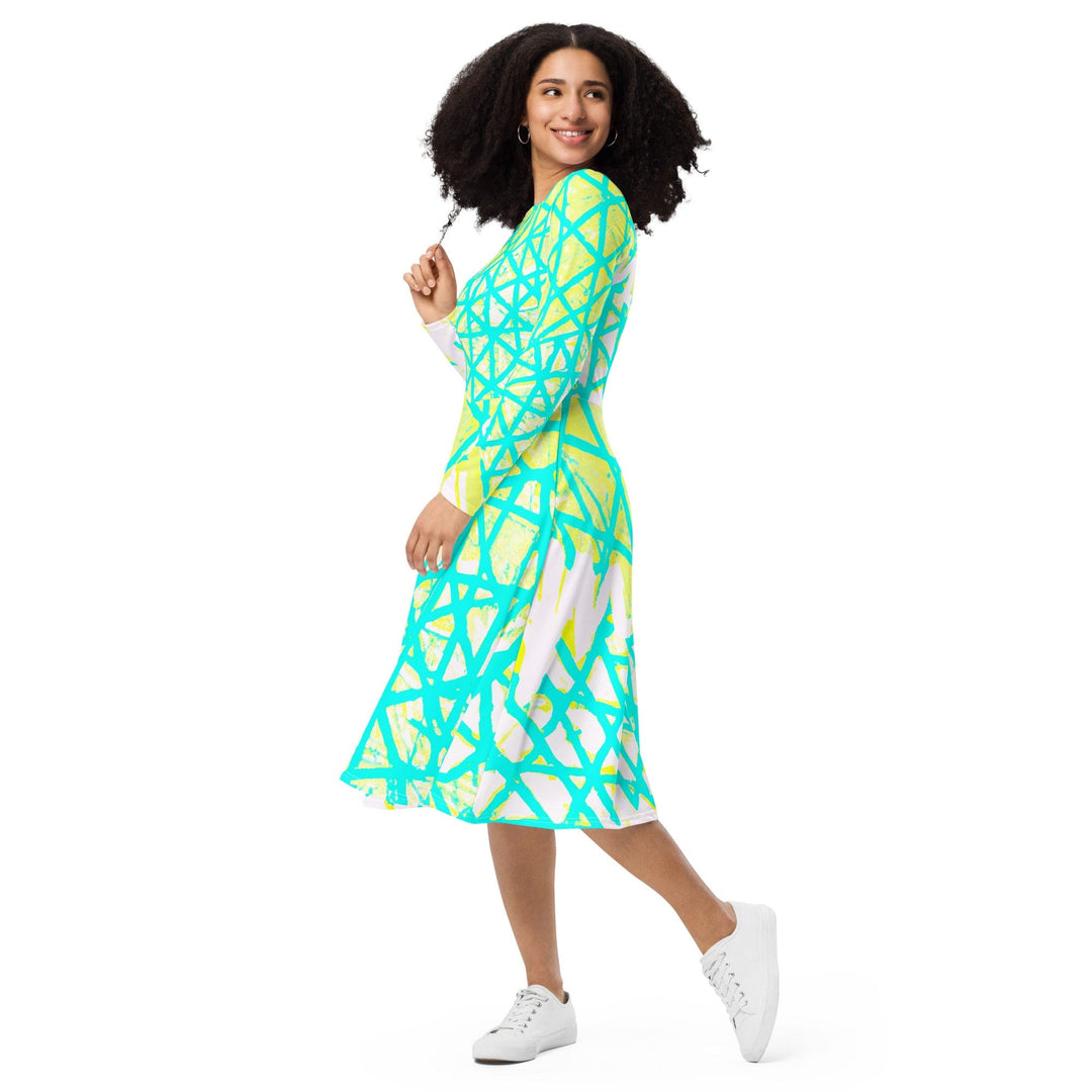 Womens Long Sleeve Midi Dress Cyan Blue Lime Green and White Pattern - Womens