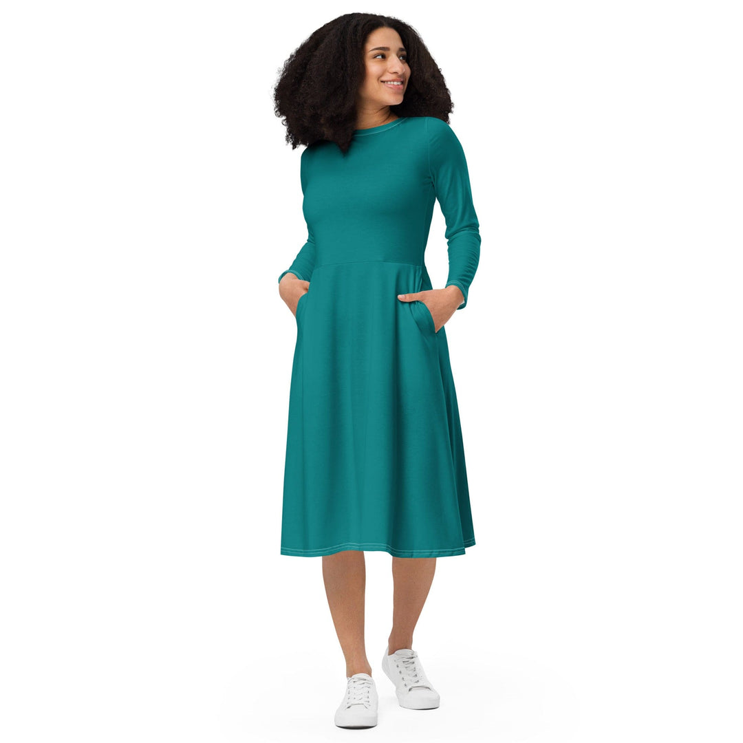 Womens Long Sleeve Midi Dress Dark Teal Green - Womens | Dresses | MIDI | AOP