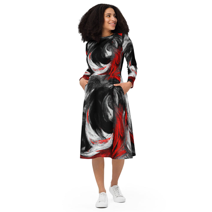 Womens Long Sleeve Midi Dress Decorative Black Red White Abstract - Womens