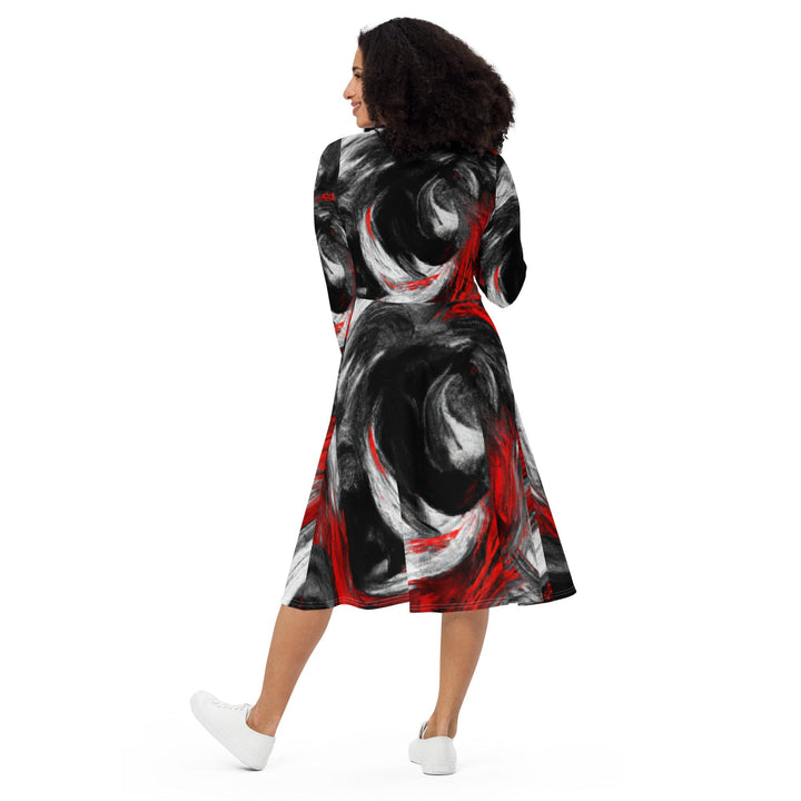 Womens Long Sleeve Midi Dress Decorative Black Red White Abstract - Womens