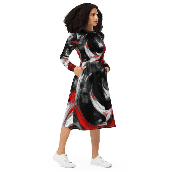 Womens Long Sleeve Midi Dress Decorative Black Red White Abstract - Womens