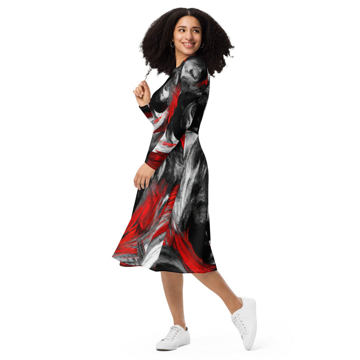 Womens Long Sleeve Midi Dress Decorative Black Red White Abstract - Womens