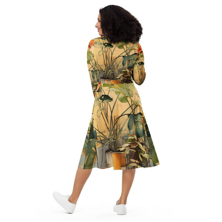 Womens Long Sleeve Midi Dress Earthy Rustic Potted Plants Print - Womens