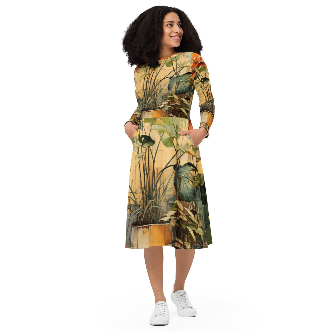 Womens Long Sleeve Midi Dress Earthy Rustic Potted Plants Print - Womens