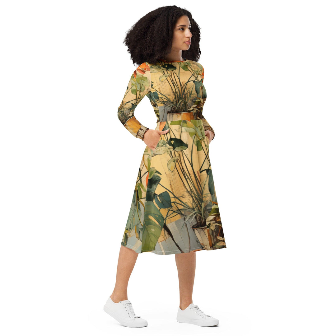 Womens Long Sleeve Midi Dress Earthy Rustic Potted Plants Print - Womens