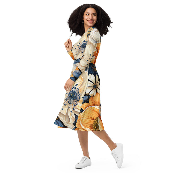 Womens Long Sleeve Midi Dress Floral Blue Print - Womens | Dresses | MIDI | AOP