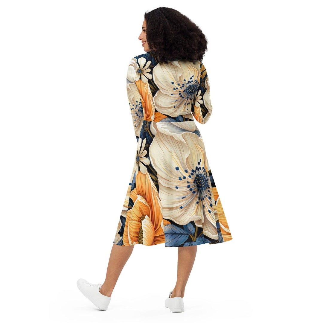 Womens Long Sleeve Midi Dress Floral Blue Print - Womens | Dresses | MIDI | AOP