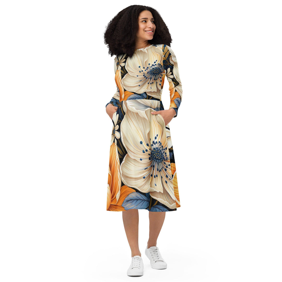 Womens Long Sleeve Midi Dress Floral Blue Print - Womens | Dresses | MIDI | AOP