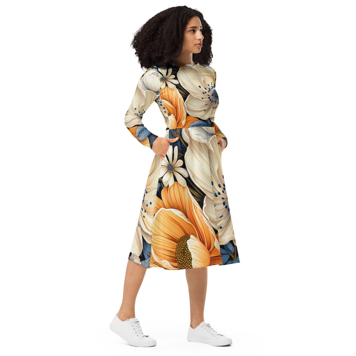 Womens Long Sleeve Midi Dress Floral Blue Print - Womens | Dresses | MIDI | AOP