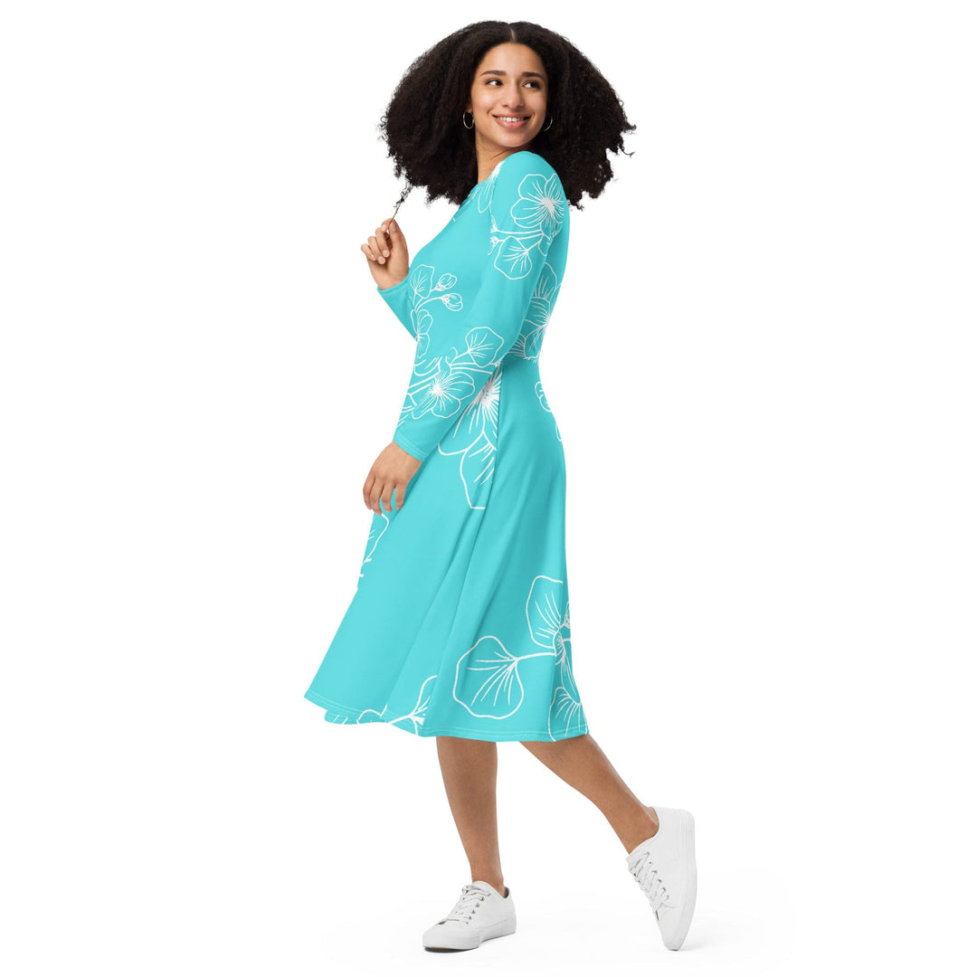 Womens Long Sleeve Midi Dress Floral Cyan Blue 7022523 - Womens | Dresses