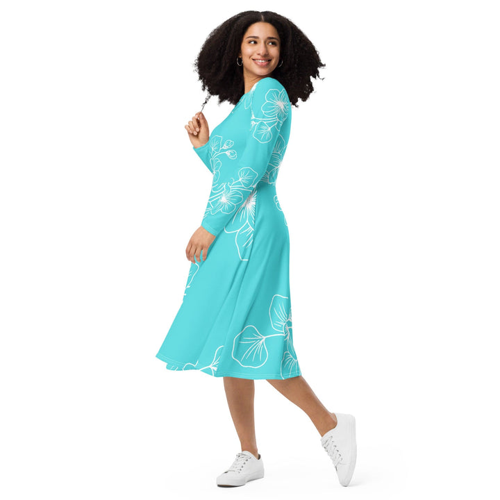 Womens Long Sleeve Midi Dress Floral Cyan Blue 7022523 - Womens | Dresses