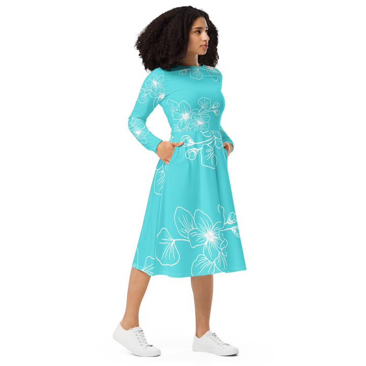 Womens Long Sleeve Midi Dress Floral Cyan Blue 7022523 - Womens | Dresses