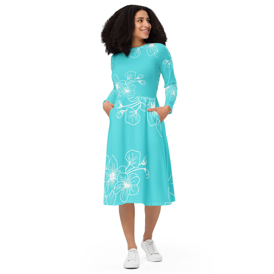 Womens Long Sleeve Midi Dress Floral Cyan Blue 7022523 - Womens | Dresses