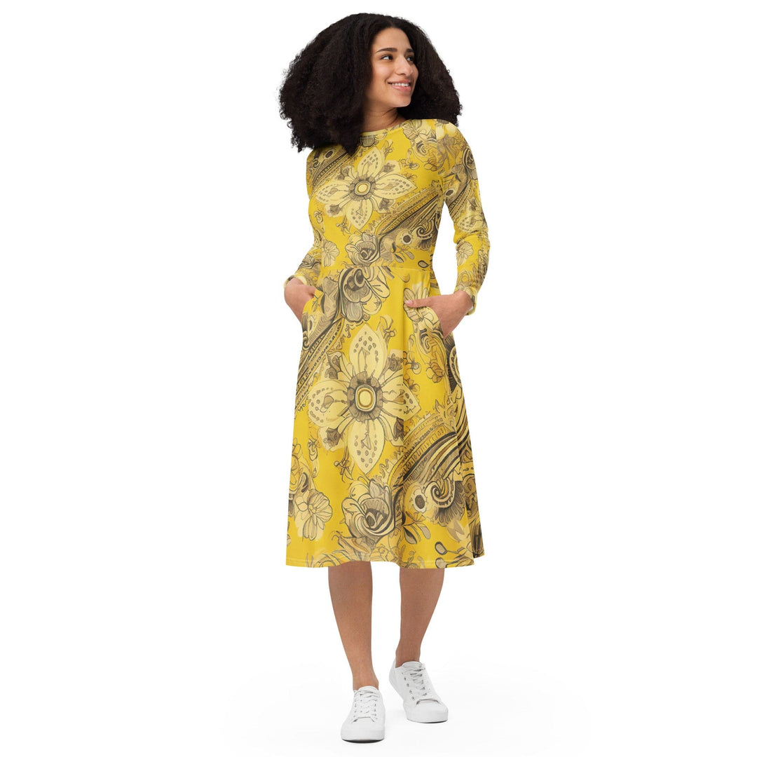 Womens Long Sleeve Midi Dress Floral Yellow Bandanna Print - Womens | Dresses