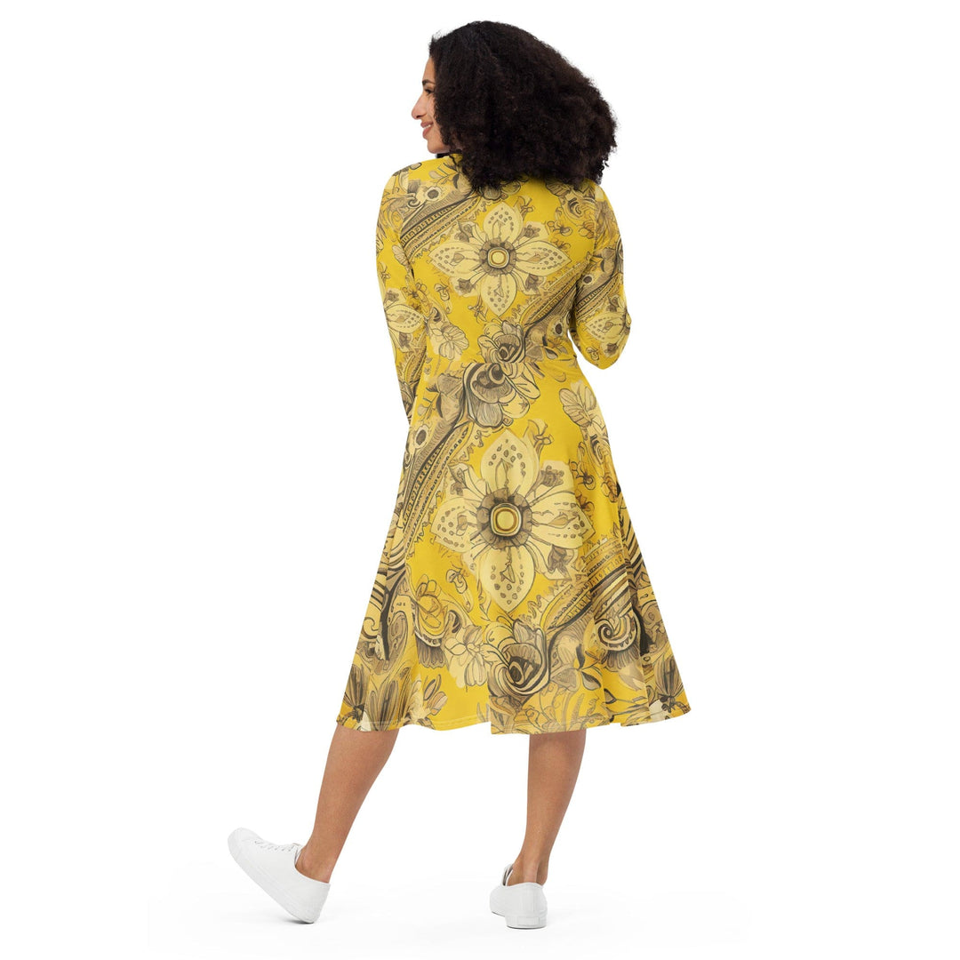 Womens Long Sleeve Midi Dress Floral Yellow Bandanna Print - Womens | Dresses