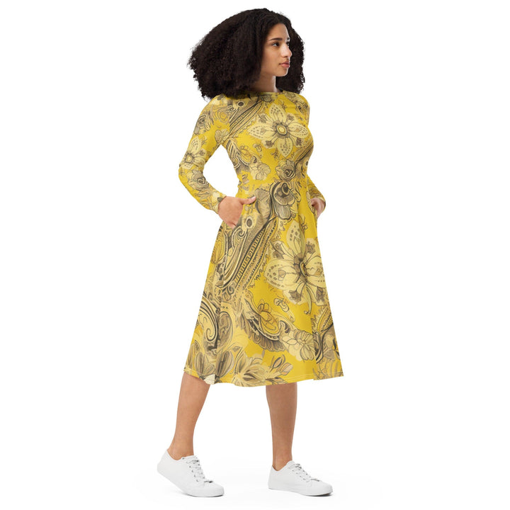 Womens Long Sleeve Midi Dress Floral Yellow Bandanna Print - Womens | Dresses