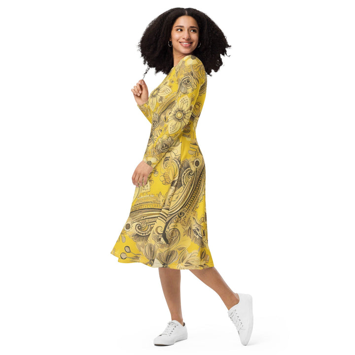 Womens Long Sleeve Midi Dress Floral Yellow Bandanna Print - Womens | Dresses