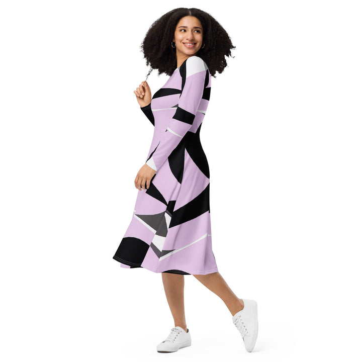 Womens Long Sleeve Midi Dress Geometric Lavender and Black Pattern 2 - Womens