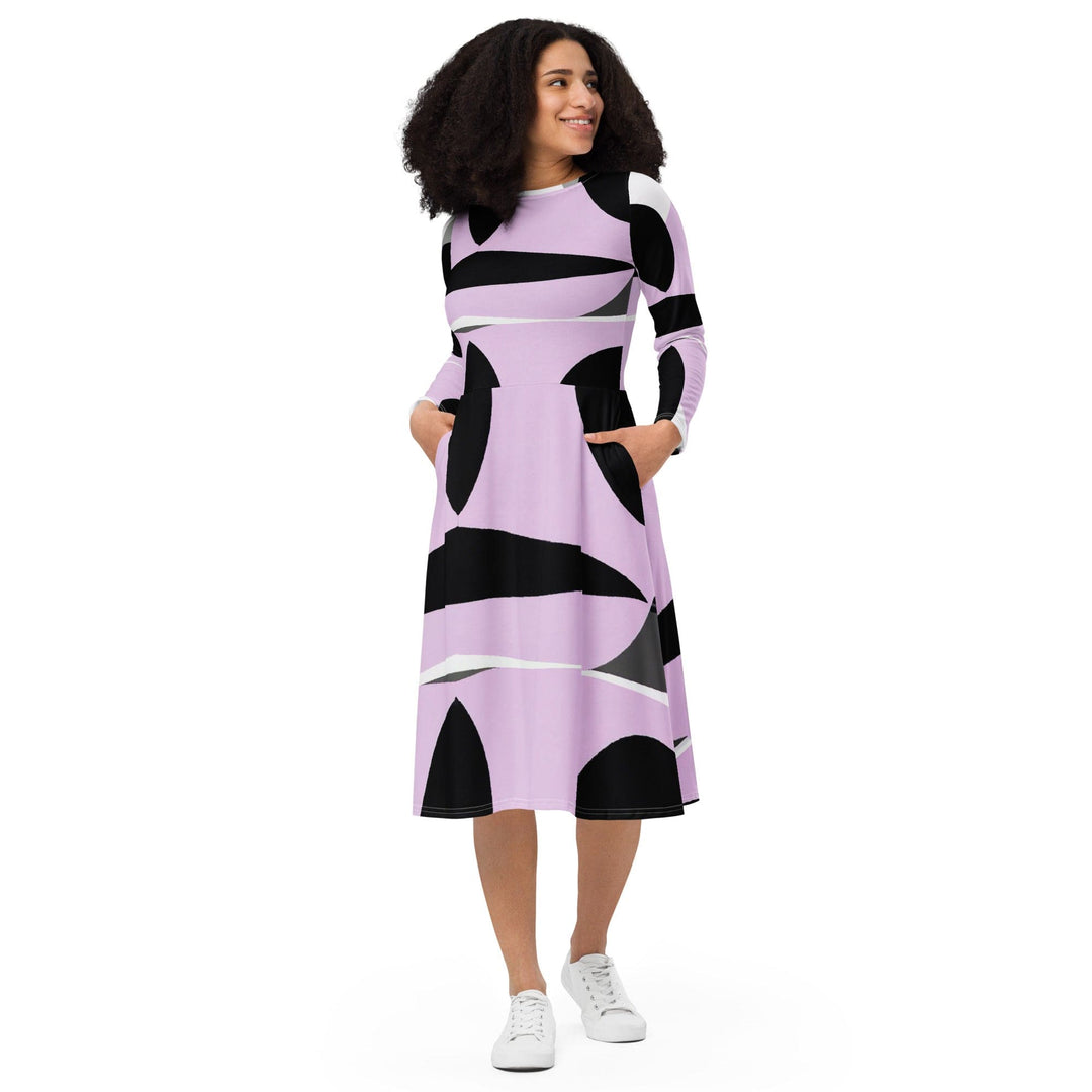 Womens Long Sleeve Midi Dress Geometric Lavender and Black Pattern 2 - Womens