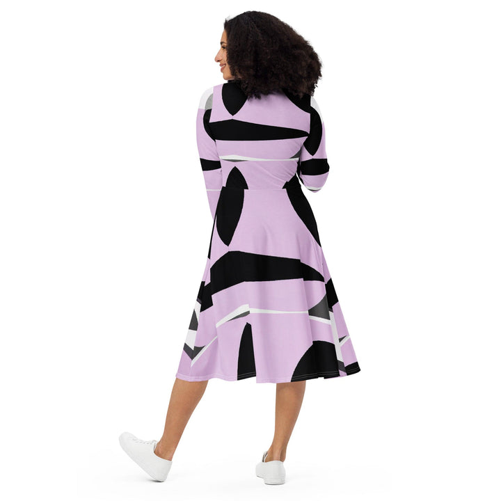 Womens Long Sleeve Midi Dress Geometric Lavender and Black Pattern 2 - Womens