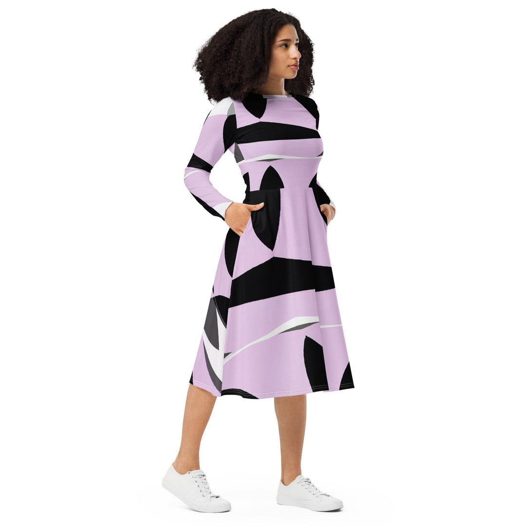 Womens Long Sleeve Midi Dress Geometric Lavender and Black Pattern 2 - Womens