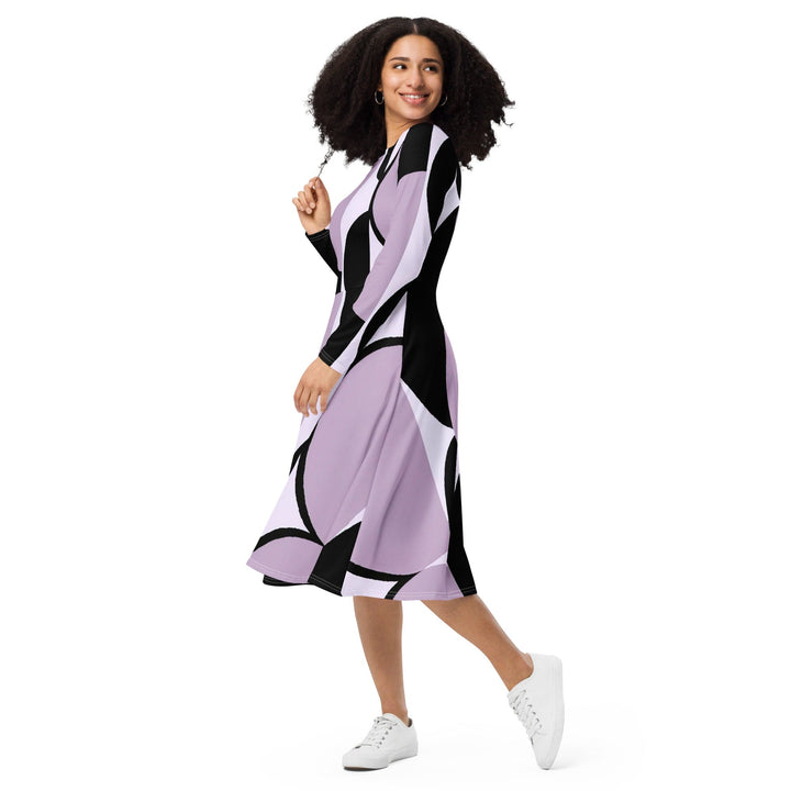 Womens Long Sleeve Midi Dress Geometric Lavender and Black Pattern - Womens