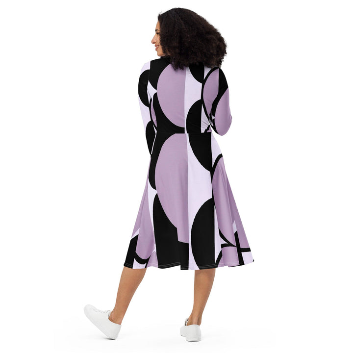 Womens Long Sleeve Midi Dress Geometric Lavender and Black Pattern - Womens