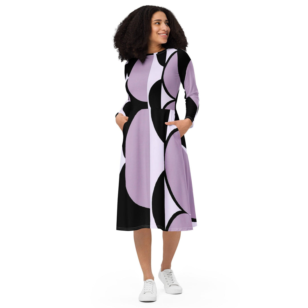 Womens Long Sleeve Midi Dress Geometric Lavender and Black Pattern - Womens