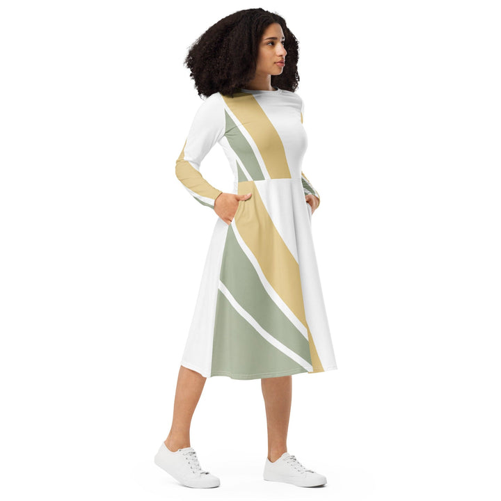 Womens Long Sleeve Midi Dress Green Abstract Geometric Pattern - Womens