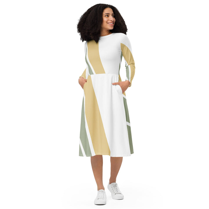 Womens Long Sleeve Midi Dress Green Abstract Geometric Pattern - Womens