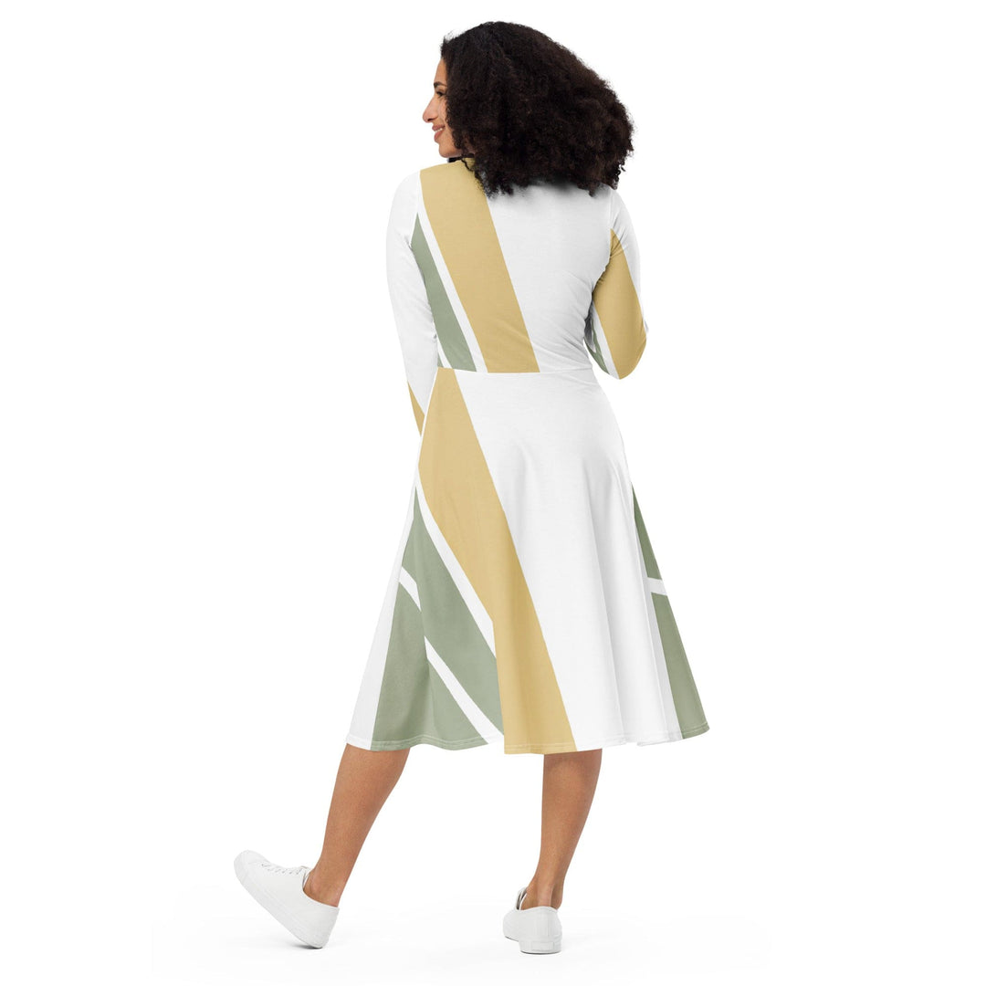 Womens Long Sleeve Midi Dress Green Abstract Geometric Pattern - Womens