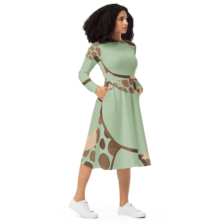 Womens Long Sleeve Midi Dress Green Beige Spotted Print - Womens | Dresses