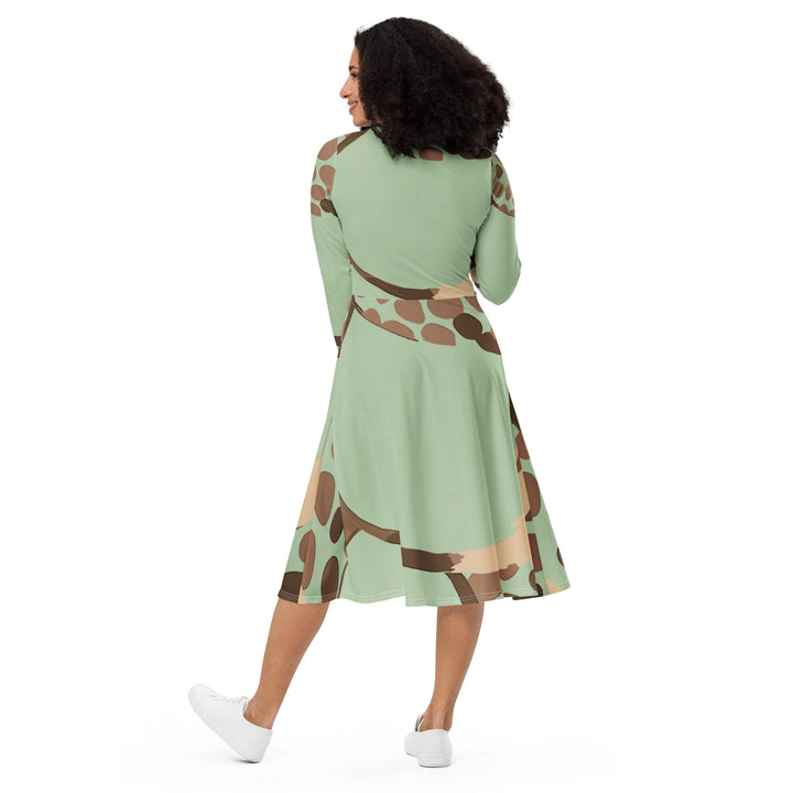 Womens Long Sleeve Midi Dress Green Beige Spotted Print - Womens | Dresses