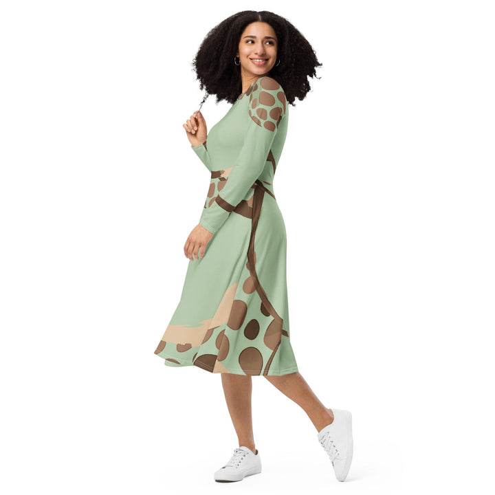 Womens Long Sleeve Midi Dress Green Beige Spotted Print - Womens | Dresses