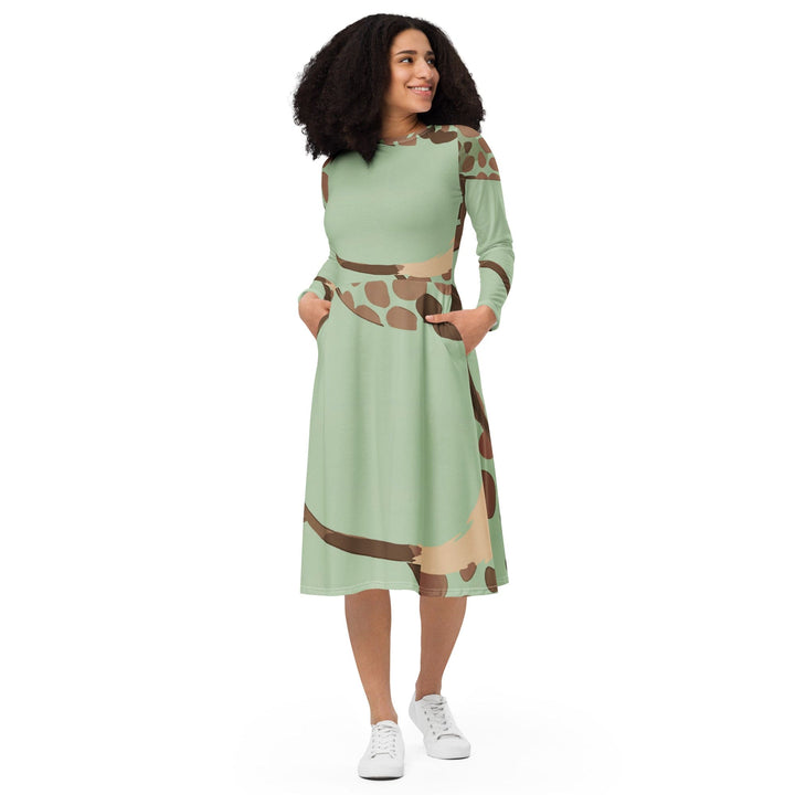 Womens Long Sleeve Midi Dress Green Beige Spotted Print - Womens | Dresses